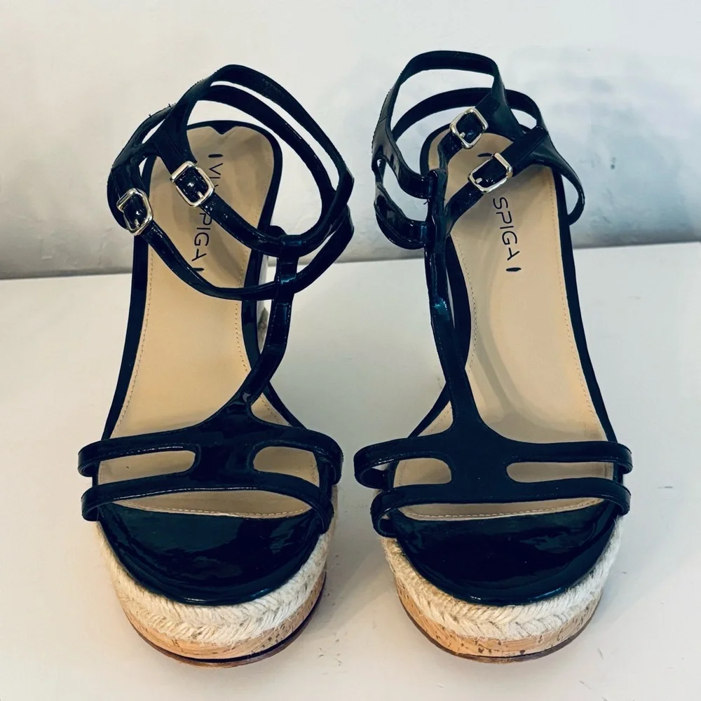 Via Spiga Patent Leather Wedge Platform Sandals Espadrille Cork Sole, Black, 9